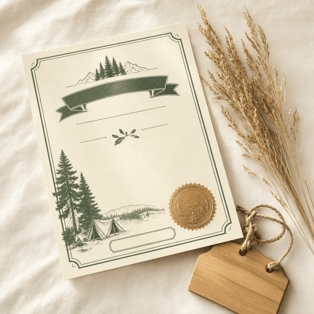 Junior Camper certificate with a forest-green border and gold foil seal beside dried savanna grass and a wooden name tag