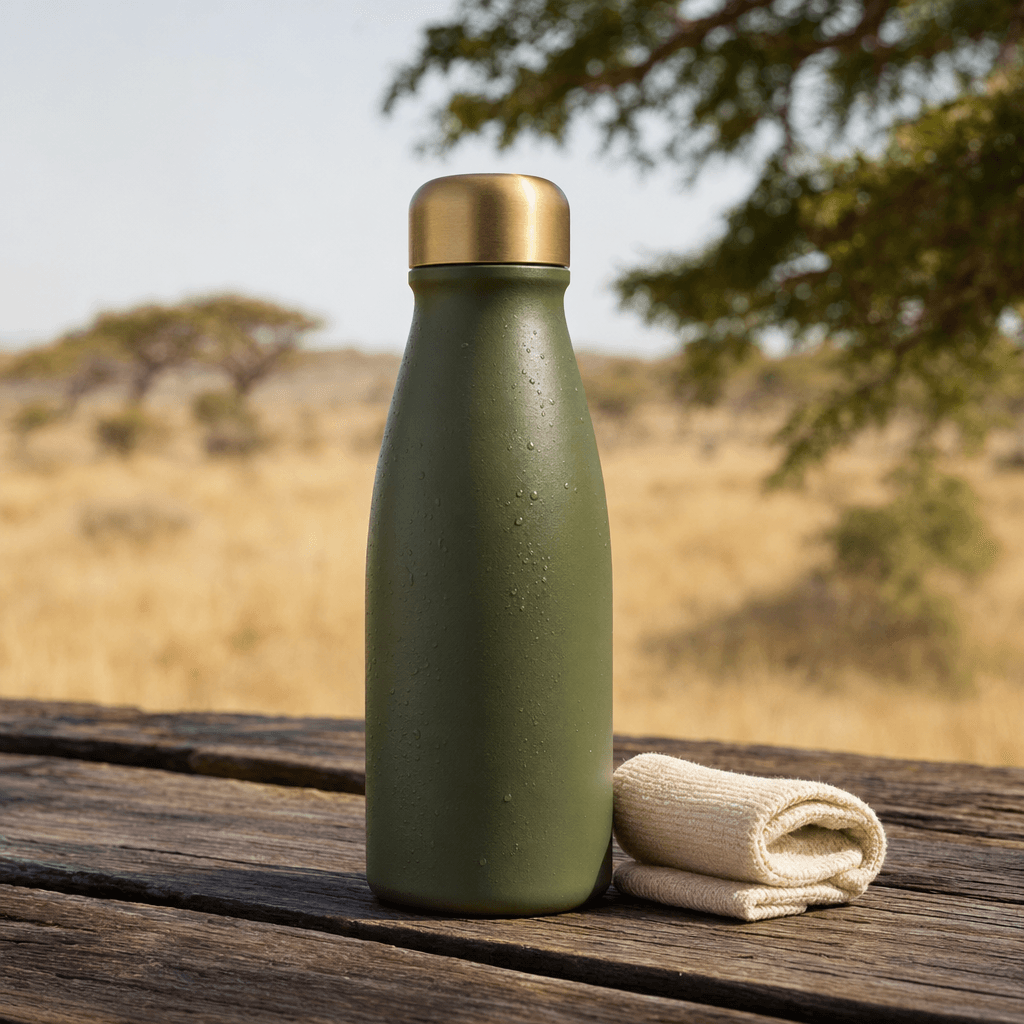 Matte forest-green stainless-steel water bottle with a brushed gold cap on a weathered wooden picnic table